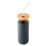 Obrázek Sklenice s brčkem a bambus.víčkem 450 ml, tm.modrá