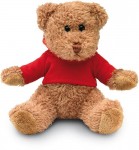 Obrázek Hnědý plyšový medvídek v červeném svetru s kapucí